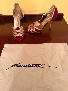 Brian Atwood Gold Strappy Heels with Red Footbed